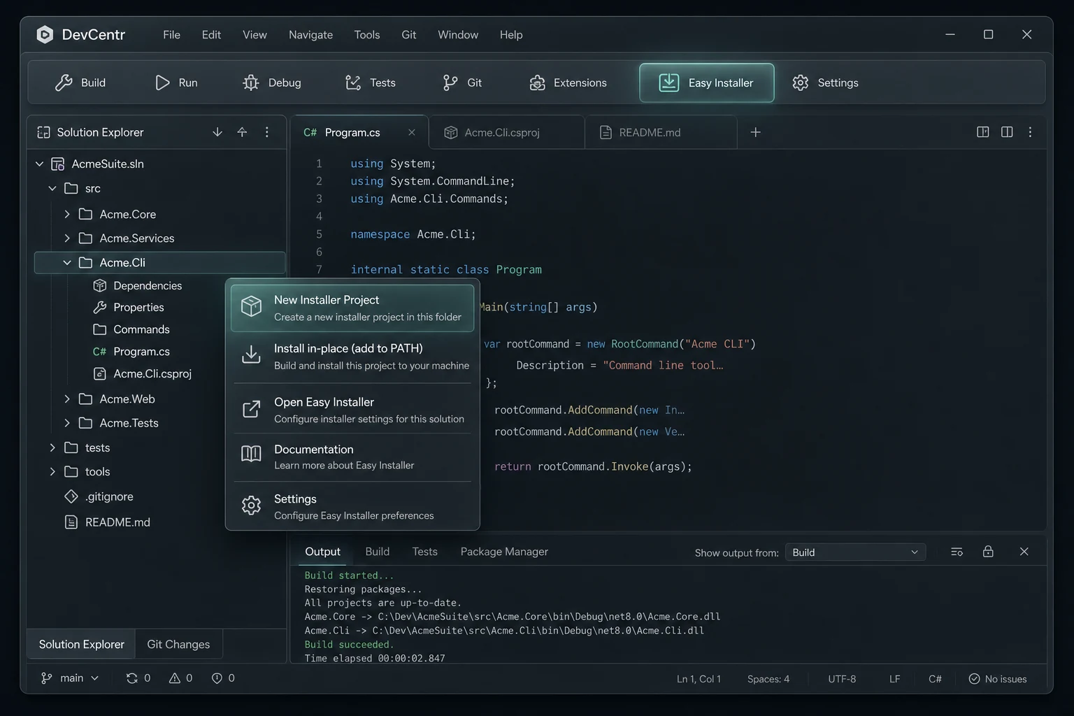 DevCentr extension — Easy Installer on the toolbar and folder context menu