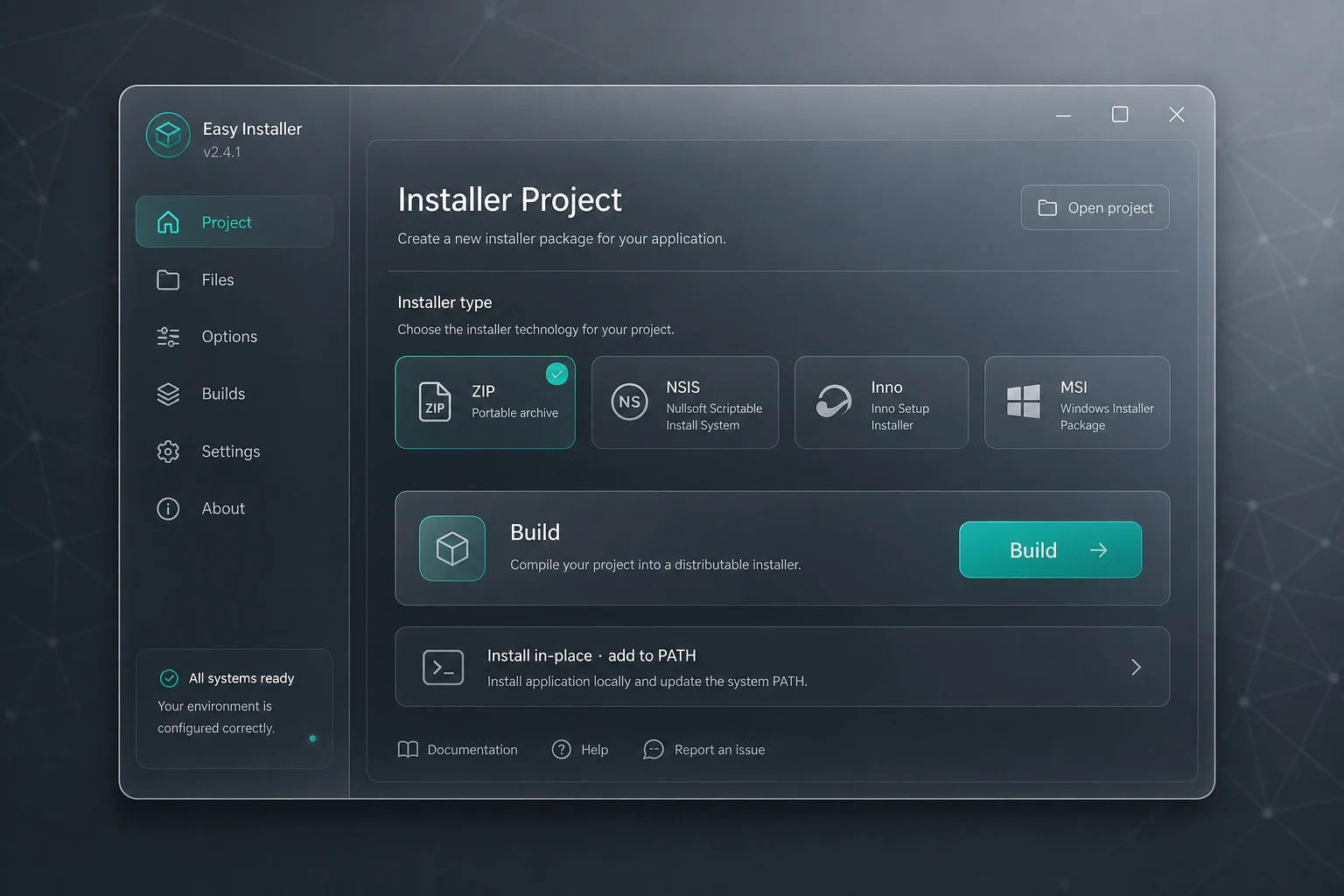 Idealized Easy Installer UI — frosted glass project panel with plugin chips