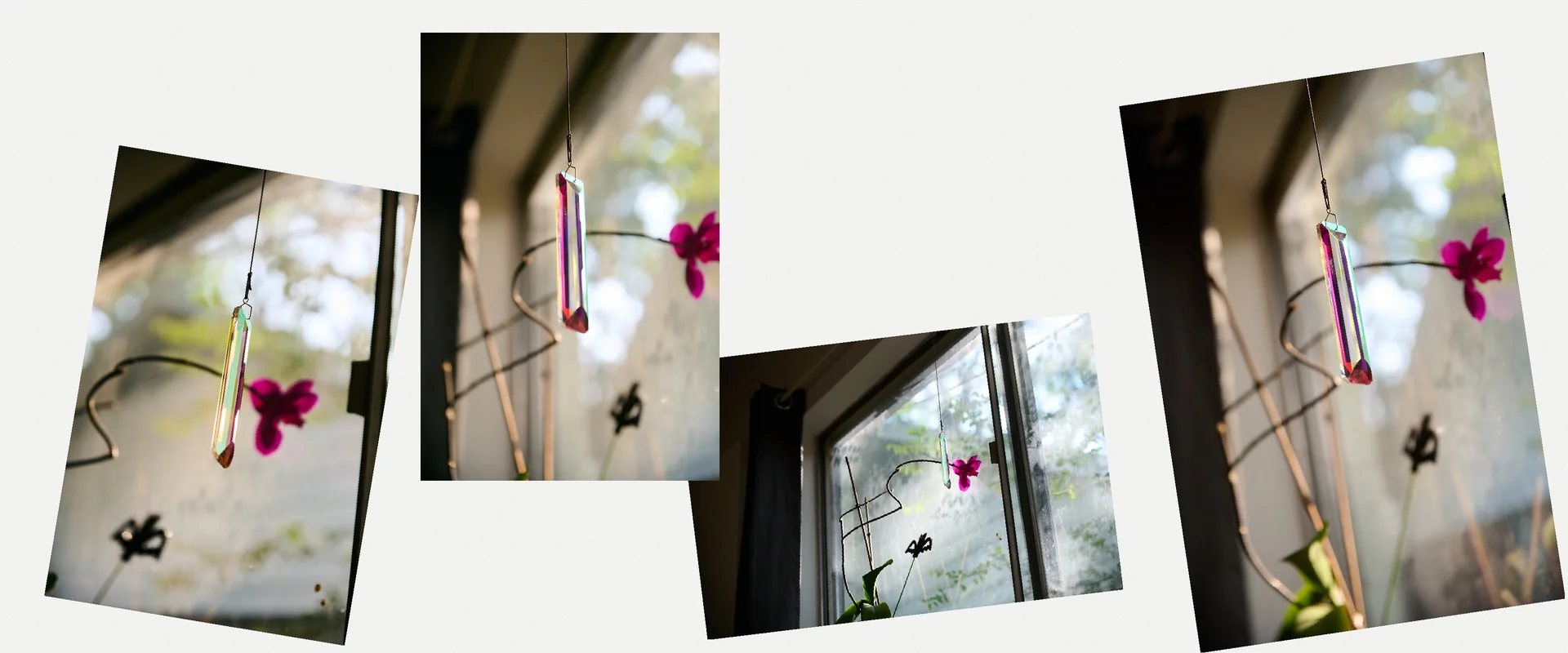 Rainbow crystal tapestry — three frames of prism light and orchids at a bright window